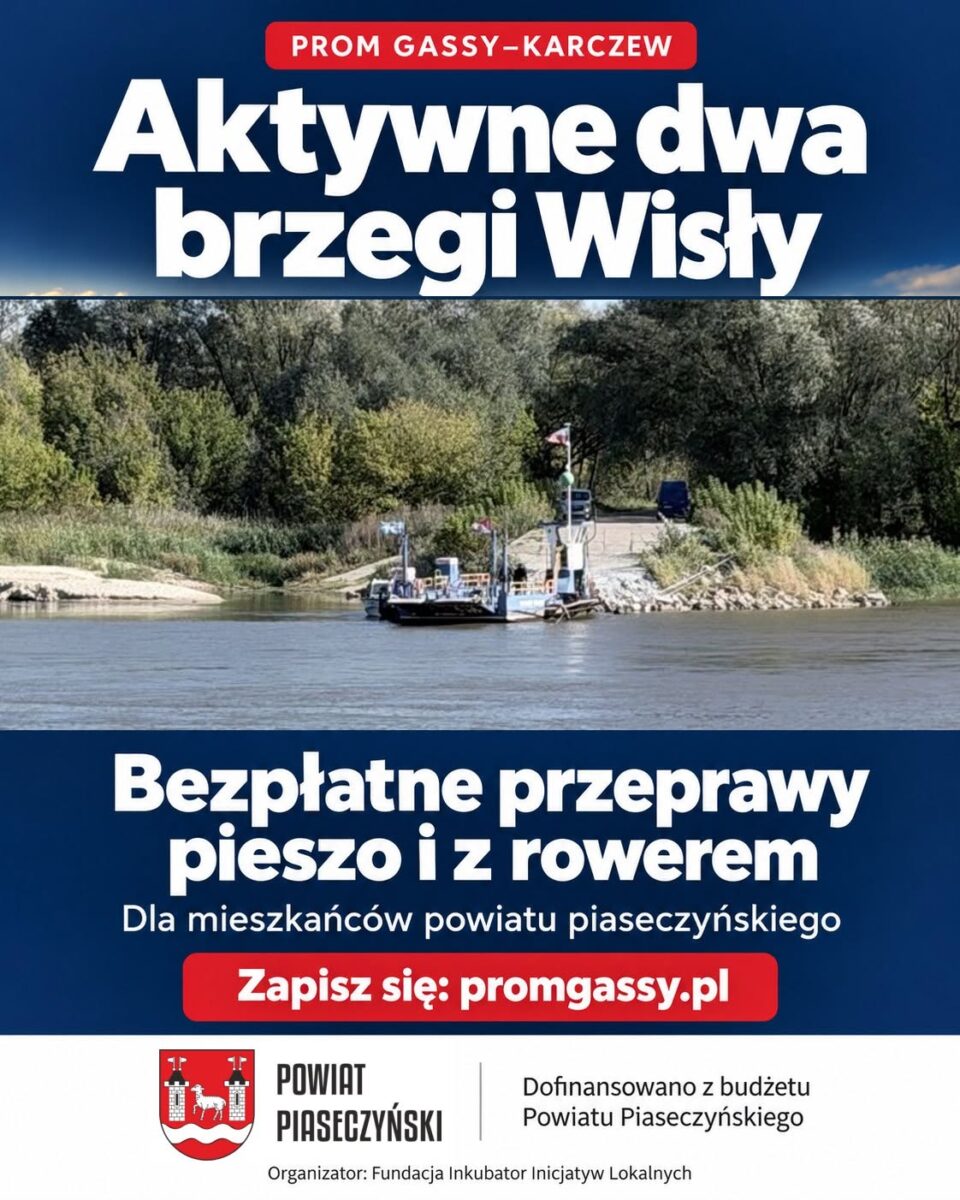 granatowy plakat, zdjęcie promu na Wiśle