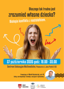 na żółtym plakacie krzycząca dziewczyna, zdjęcie prowadzącego