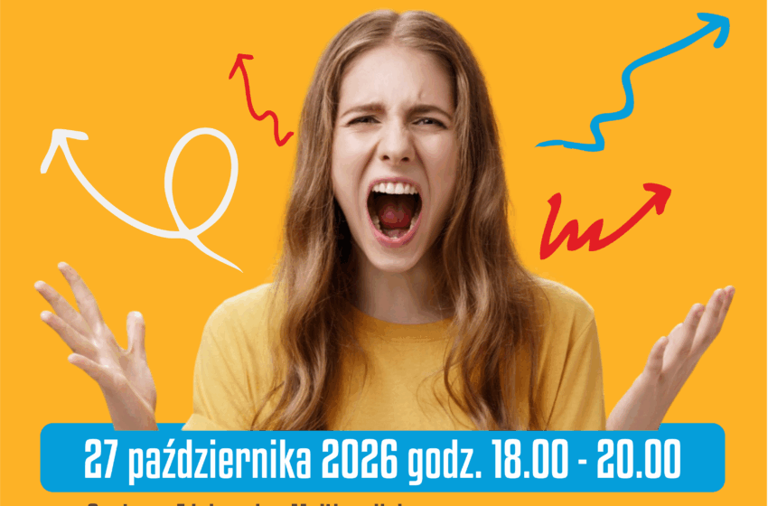 na żółtym plakacie krzycząca dziewczyna, zdjęcie prowadzącego