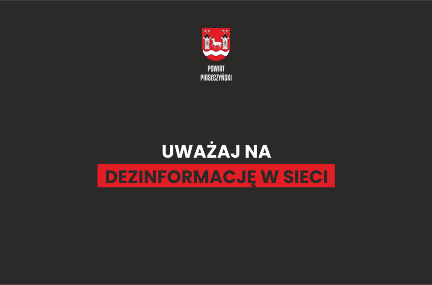 plansza czarna z herbem powiatu i bnapisem uważajna dezinformację w sieci
